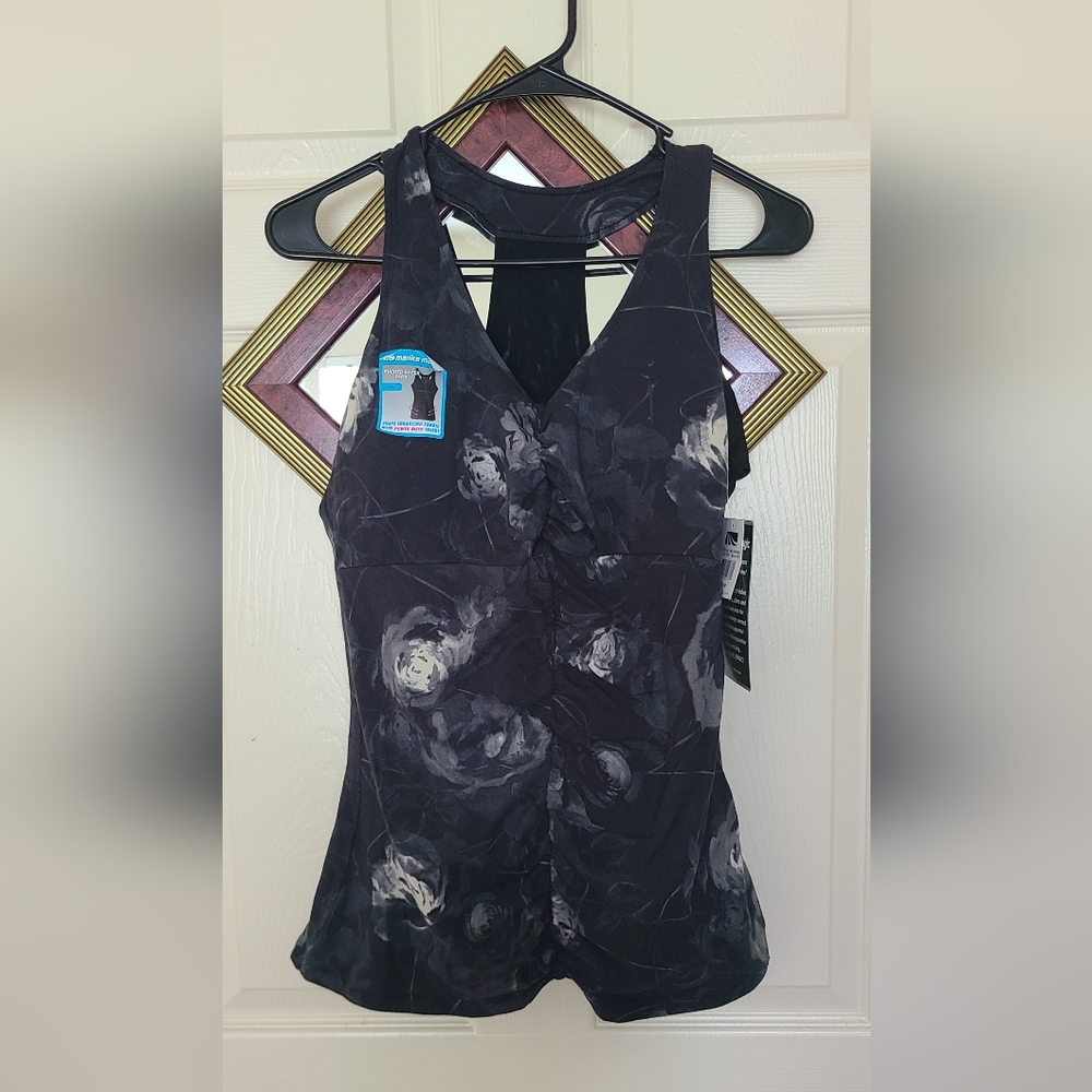 Marika Black and Gray Floral V-Neck Racerback Tank